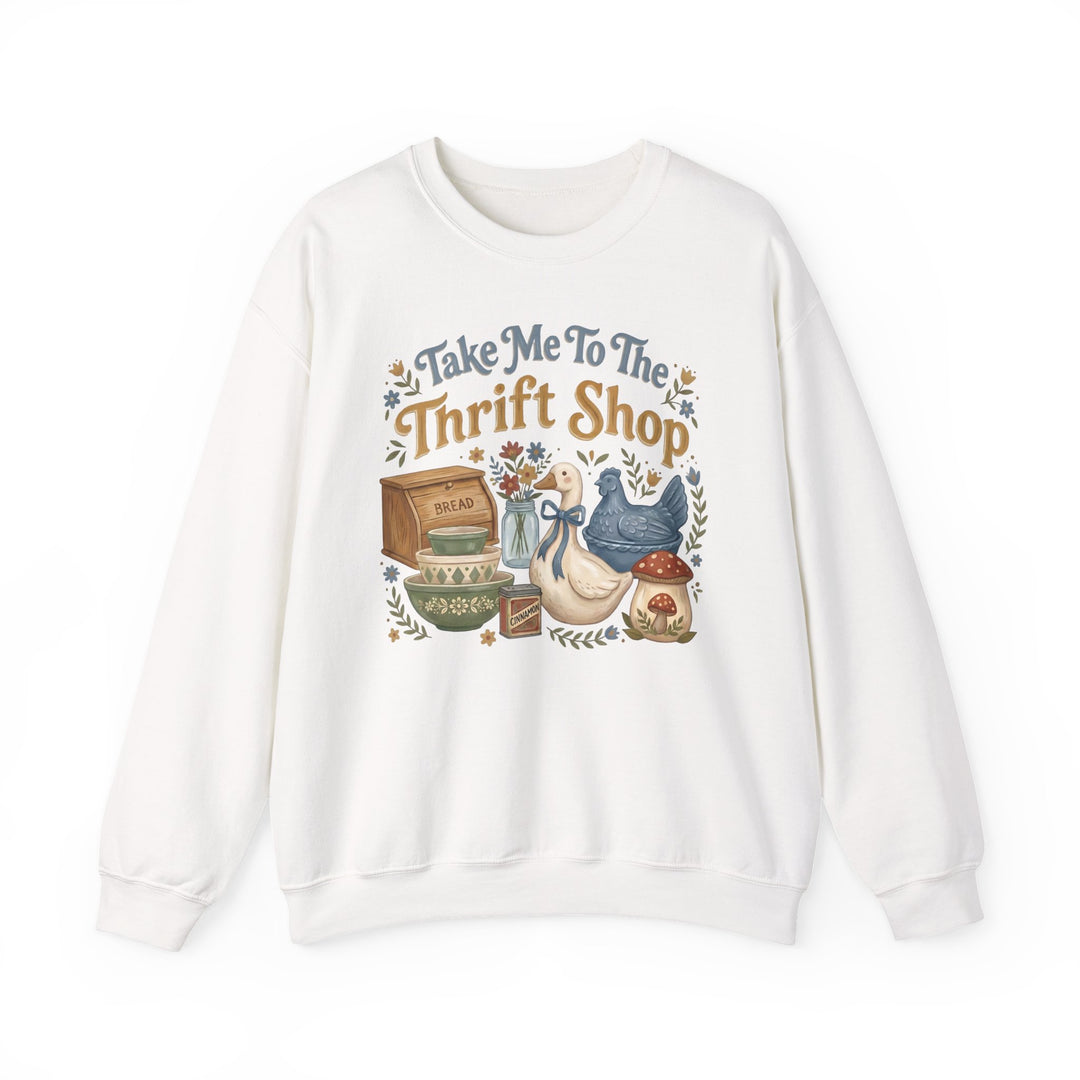 Take Me to the Thrift Shop Crew: A cozy, unisex crewneck sweatshirt featuring a colorful vintage graphic with farmhouse-thrift elements, ideal for a comfortable, stylish look.