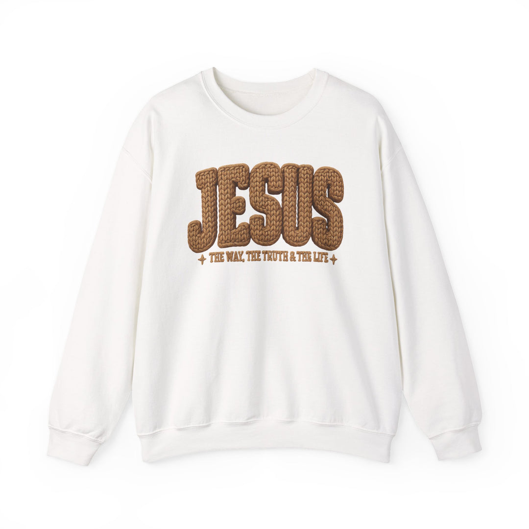 Jesus Crew sweatshirt features JESUS in rope-style lettering with The Way, The Truth & The Life beneath, offering comfort with its cotton-polyester blend.