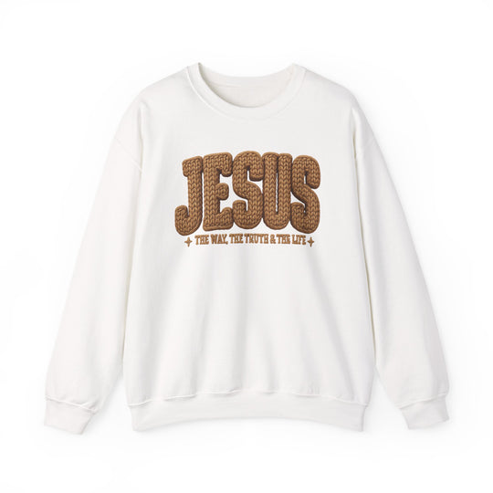 Jesus Crew sweatshirt features JESUS in rope-style lettering with The Way, The Truth & The Life beneath, offering comfort with its cotton-polyester blend.