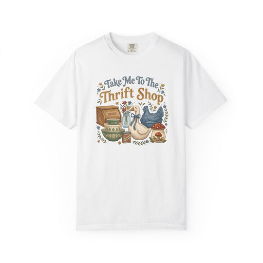White Take Me To The Thrift Shop tee featuring vintage-style graphics of thrifted items like a bread box, mixing bowls, and ceramic birds.