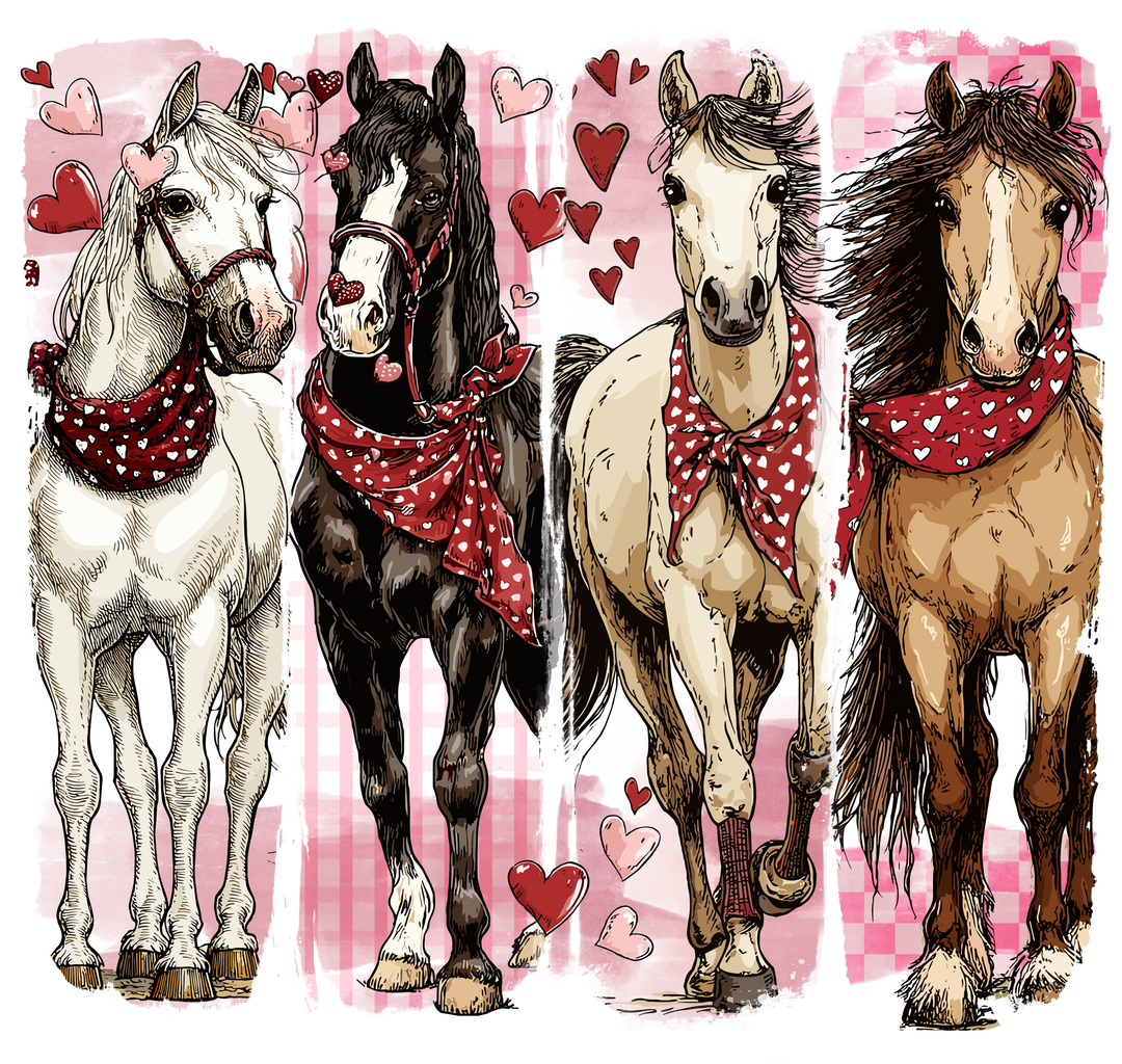 Hand-drawn Horse Valentine Tee featuring four heart-adorned horses against a gingham backdrop, embodying a playful, romantic theme on a soft, unisex cotton tee.