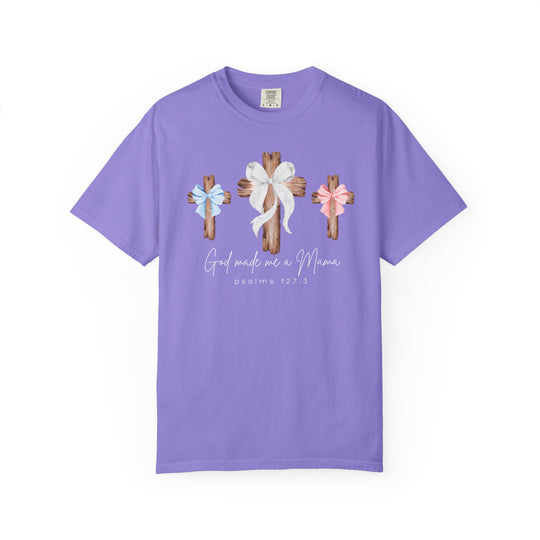 Lavender cotton T-shirt with three wooden crosses, adorned with bows, and script God made me a Mama and psalms 127:3, by Comfort Colors.