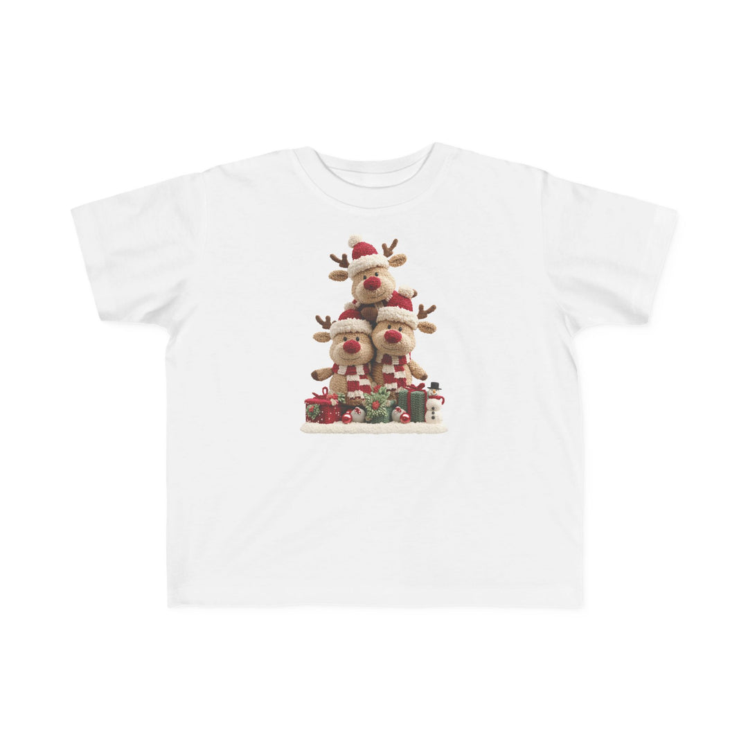 Reindeer Tree Toddler Tee featuring plush reindeer with Santa hats and scarves, surrounded by gifts and a snowman; soft cotton, perfect for toddlers.