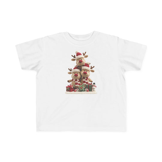 Reindeer Tree Toddler Tee featuring plush reindeer with Santa hats and scarves, surrounded by gifts and a snowman; soft cotton, perfect for toddlers.