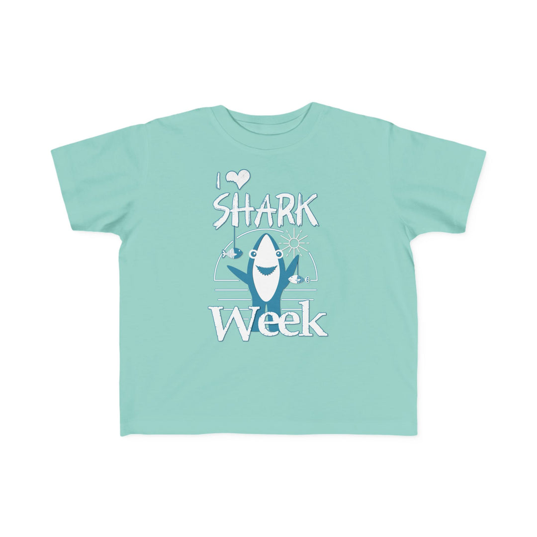 Toddler wearing I Love Shark Week tee, showcasing soft, durable fabric perfect for sensitive skin; ideal for adventurous first outings.