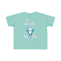 Toddler wearing I Love Shark Week tee, showcasing soft, durable fabric perfect for sensitive skin; ideal for adventurous first outings.
