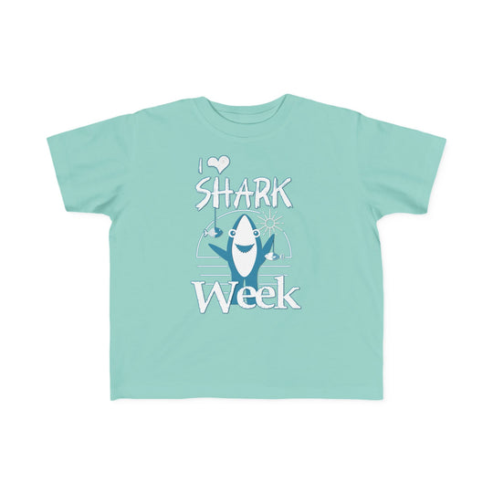 Toddler wearing I Love Shark Week tee, showcasing soft, durable fabric perfect for sensitive skin; ideal for adventurous first outings.
