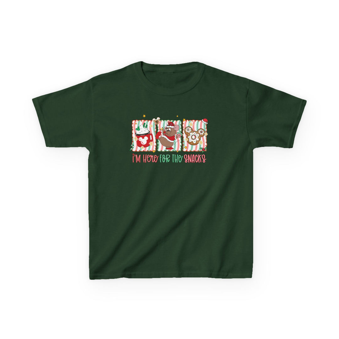 Here for the Snacks Kids Tee featuring a holiday snack motif with hot cocoa, gingerbread mouse cookie, Mickey-shaped doughnuts, and I'm here for the snacks text.