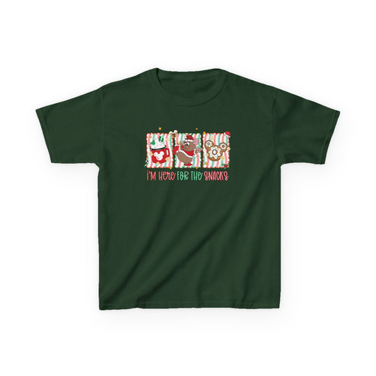 Here for the Snacks Kids Tee featuring a holiday snack motif with hot cocoa, gingerbread mouse cookie, Mickey-shaped doughnuts, and I'm here for the snacks text.