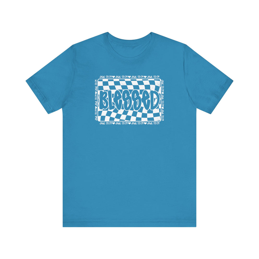 Blessed Tee: A classic unisex blue t-shirt with white text, featuring short sleeves, ribbed knit collars, and a comfortable retail fit.