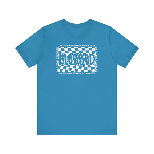 Blessed Tee: A classic unisex blue t-shirt with white text, featuring short sleeves, ribbed knit collars, and a comfortable retail fit.
