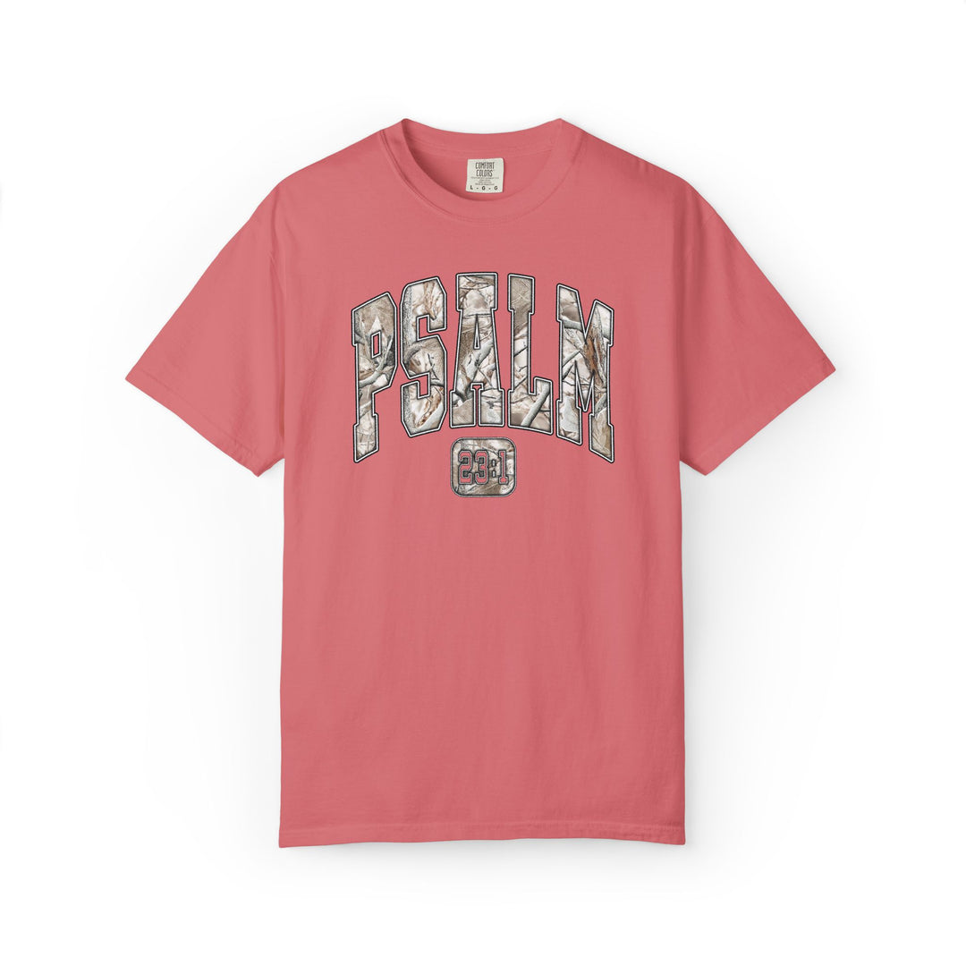 Camo Psalm 23 Tee featuring PSALM and 23:1 in camo pattern on coral short-sleeve T-shirt, highlighting Comfort Colors' relaxed fit.