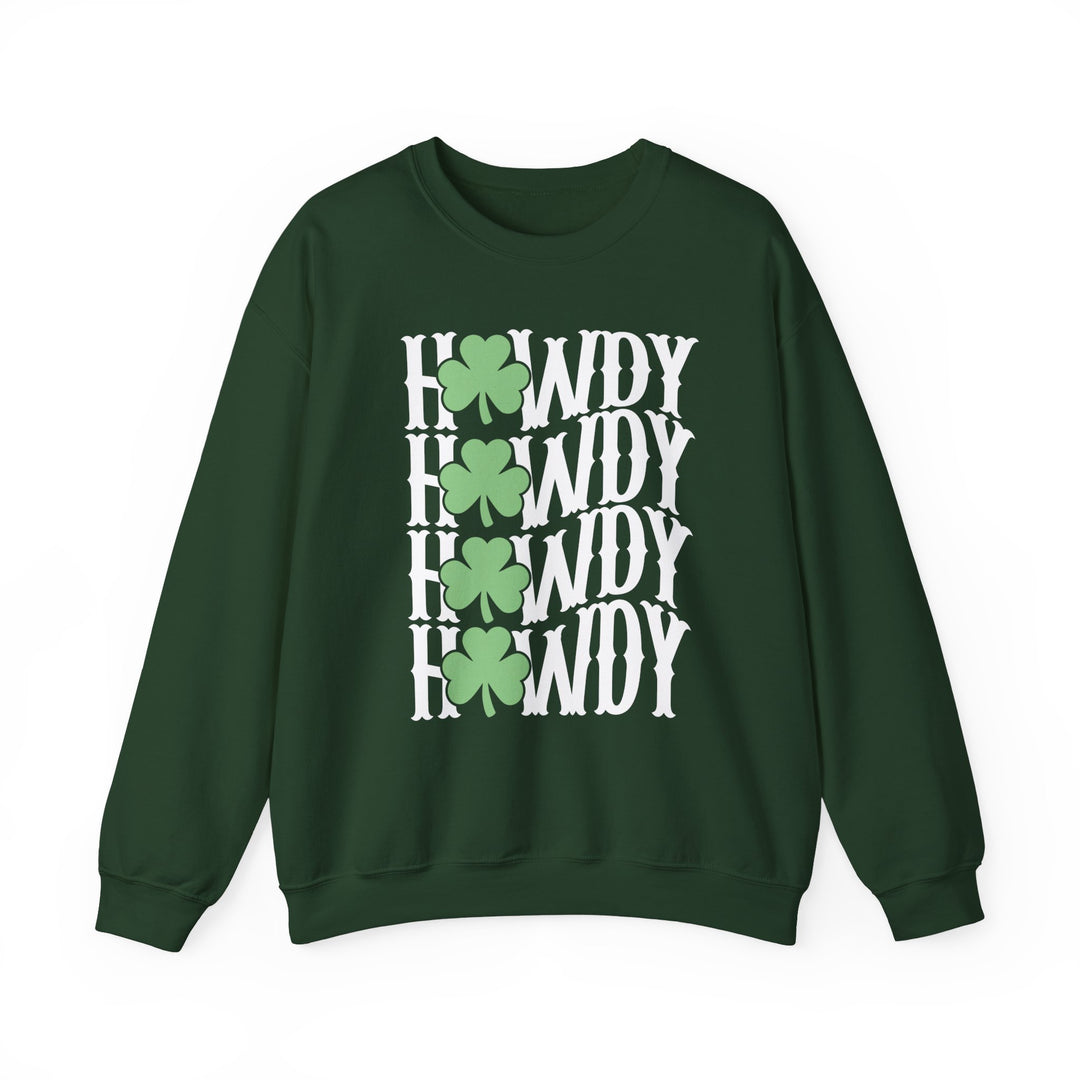 Howdy Lucky Crew: A unisex crewneck sweatshirt with white text and four-leaf clovers, made of a comfortable polyester-cotton blend, featuring a ribbed knit collar.