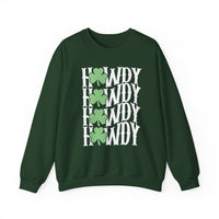 Howdy Lucky Crew: A unisex crewneck sweatshirt with white text and four-leaf clovers, made of a comfortable polyester-cotton blend, featuring a ribbed knit collar.