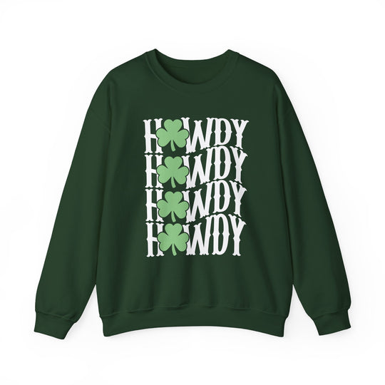 Howdy Lucky Crew: A unisex crewneck sweatshirt with white text and four-leaf clovers, made of a comfortable polyester-cotton blend, featuring a ribbed knit collar.