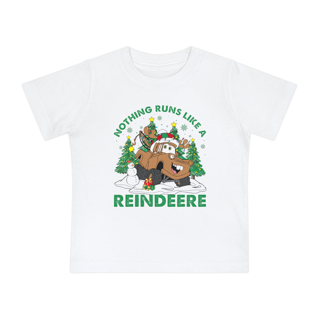 Reindeere Baby Tee featuring a festive tow-truck reindeer cartoon in snow, ideal for stylish first steps with soft, shrink-resistant cotton.