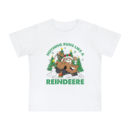 Reindeere Baby Tee featuring a festive tow-truck reindeer cartoon in snow, ideal for stylish first steps with soft, shrink-resistant cotton.