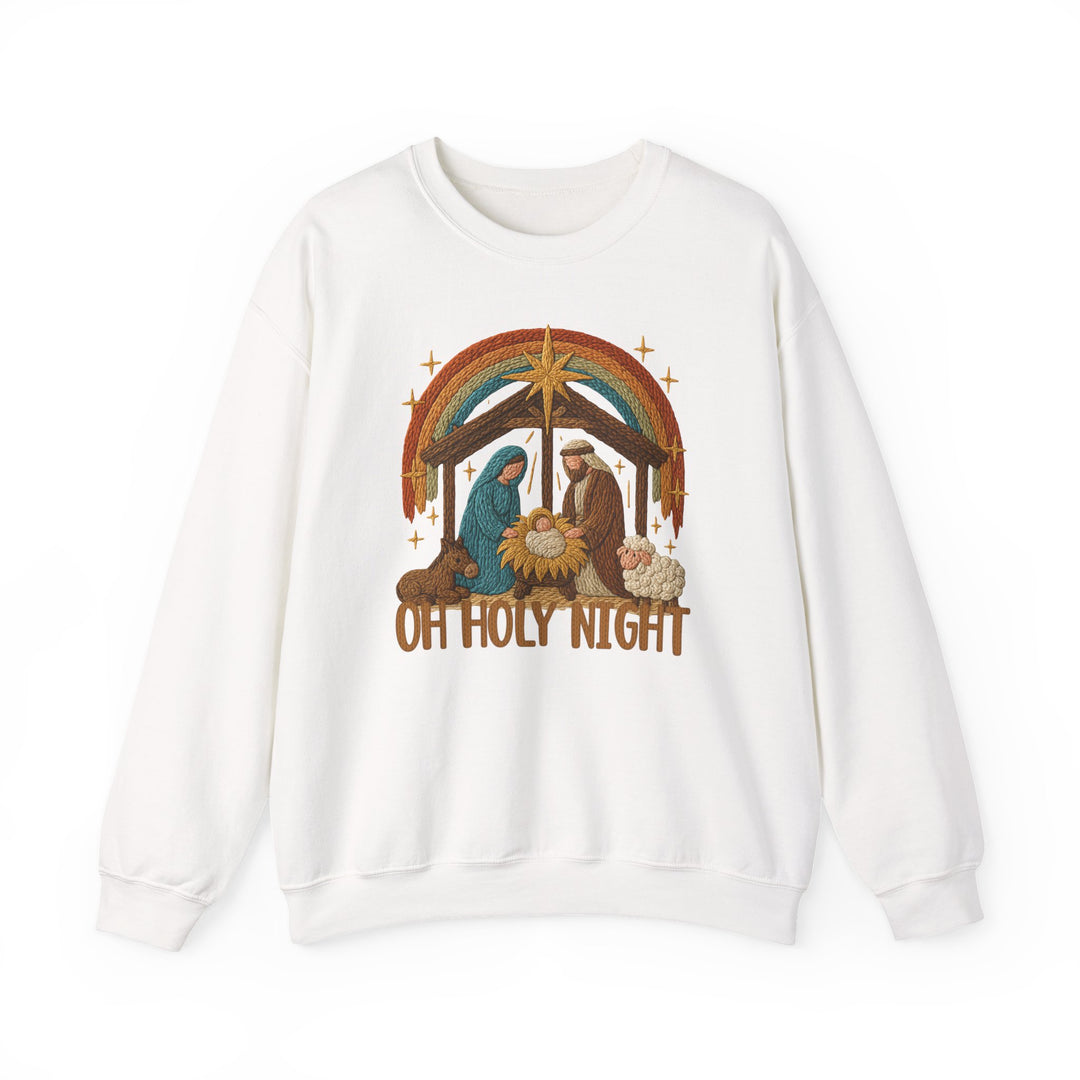 Oh Holy Night Crew sweatshirt with a nativity scene graphic, featuring Mary, Joseph, baby Jesus, animals, and a star, ideal for cozy, stylish comfort.