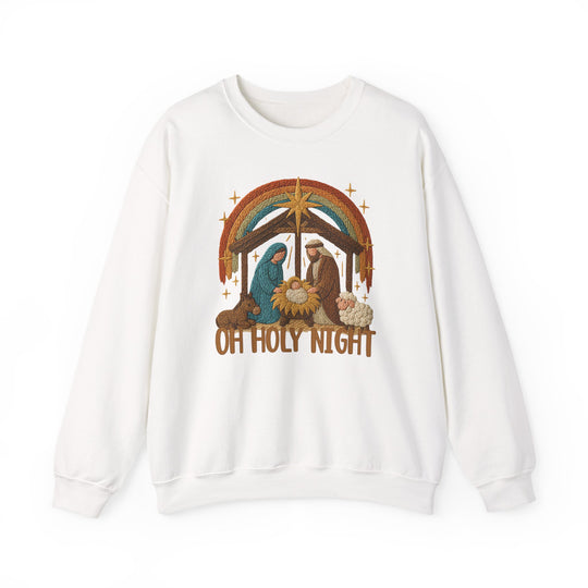 Oh Holy Night Crew sweatshirt with a nativity scene graphic, featuring Mary, Joseph, baby Jesus, animals, and a star, ideal for cozy, stylish comfort.
