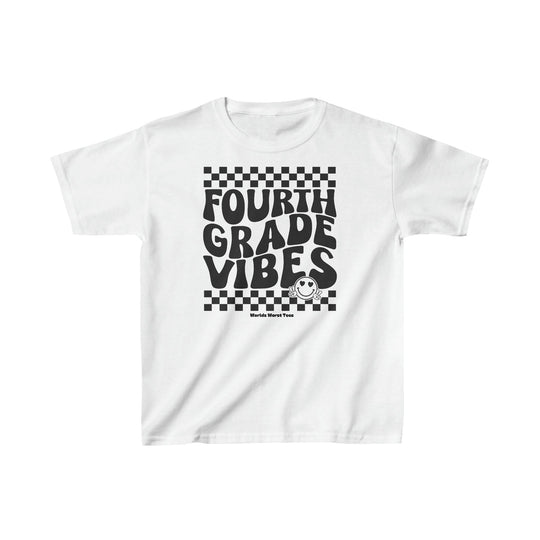 A kids' heavy cotton tee featuring 4th Grade Vibes text. 100% cotton fabric, twill tape shoulders, ribbed collar for durability. Classic fit, tear-away label, runs true to size.