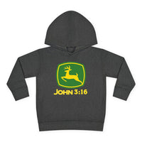 John 3:16 Toddler Hoodie featuring a spoof John Deere logo with a yellow deer on a green shield. Cozy design with durable stitching and side-seam pockets.