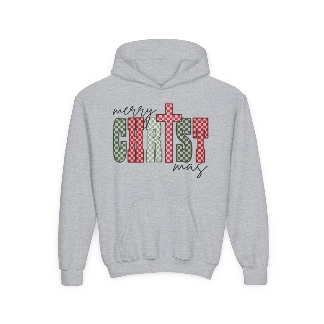 Christmas Youth Hoodie with a light-gray design, featuring a merry CHRISTmas graphic, kangaroo pocket, and ultra-soft preshrunk fleece, ideal for festive occasions.