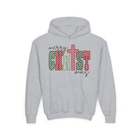 Christmas Youth Hoodie with a light-gray design, featuring a merry CHRISTmas graphic, kangaroo pocket, and ultra-soft preshrunk fleece, ideal for festive occasions.
