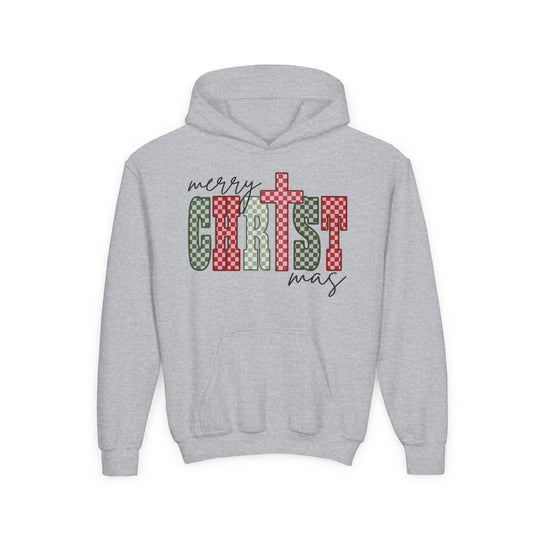Christmas Youth Hoodie with a light-gray design, featuring a merry CHRISTmas graphic, kangaroo pocket, and ultra-soft preshrunk fleece, ideal for festive occasions.