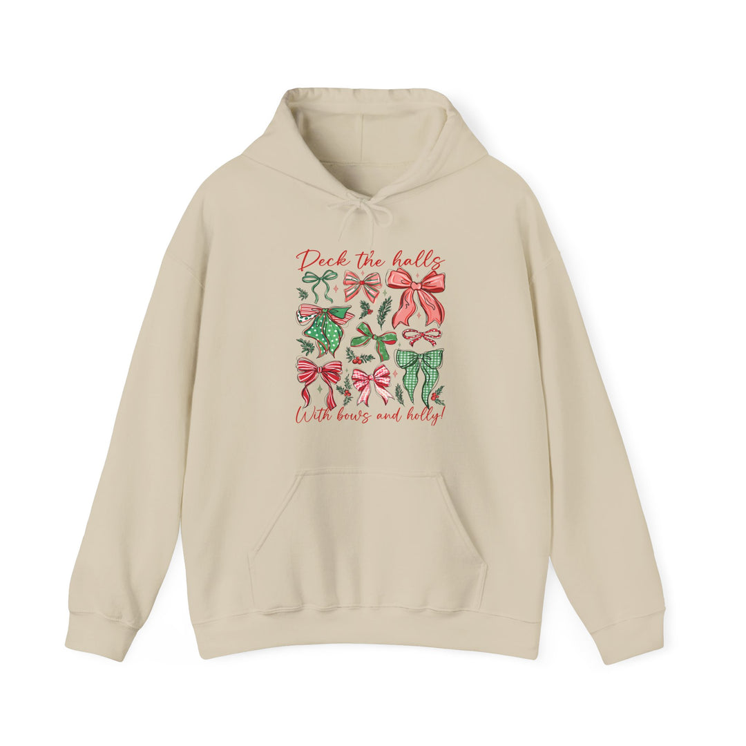 Deck the Halls Hoodie features festive bows and holly on a cream sweatshirt, perfect for cozy, stylish holiday wear with a practical front pouch pocket.