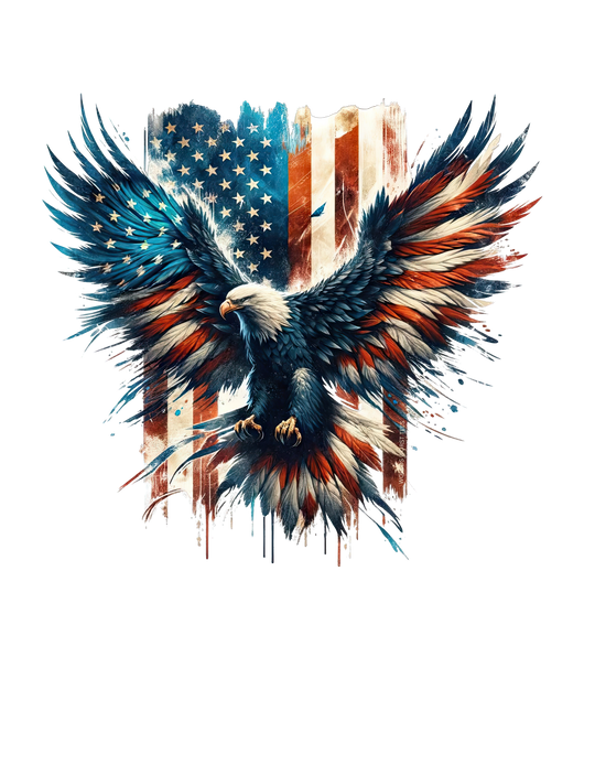 American Eagle Tee: A relaxed-fit t-shirt featuring a painting of an eagle with a flag, embodying patriotism and style. Made of 100% ring-spun cotton for comfort and durability. From Worlds Worst Tees.