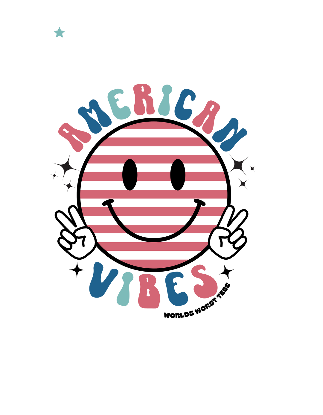 Cartoon-style American Vibes Tee graphic with a face, hands, and text on a black oval background. 100% ring-spun cotton, medium weight, relaxed fit, durable double-needle stitching, and seamless design for comfort.