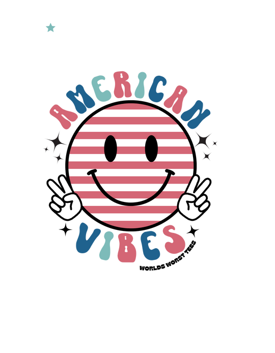 Cartoon-style American Vibes Tee graphic with a face, hands, and text on a black oval background. 100% ring-spun cotton, medium weight, relaxed fit, durable double-needle stitching, and seamless design for comfort.