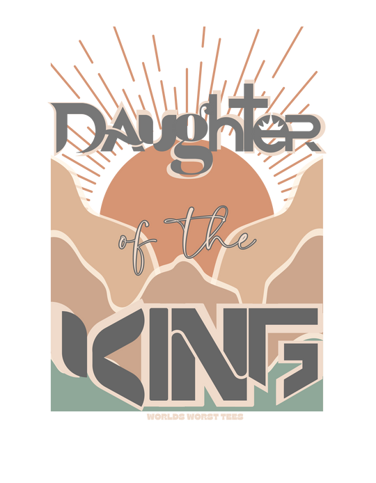Daughter of the King Crew unisex sweatshirt with a graphic design of a sun and mountains, 80% ring-spun cotton, 20% polyester, relaxed fit, rolled-forward shoulder, medium-heavy fabric.