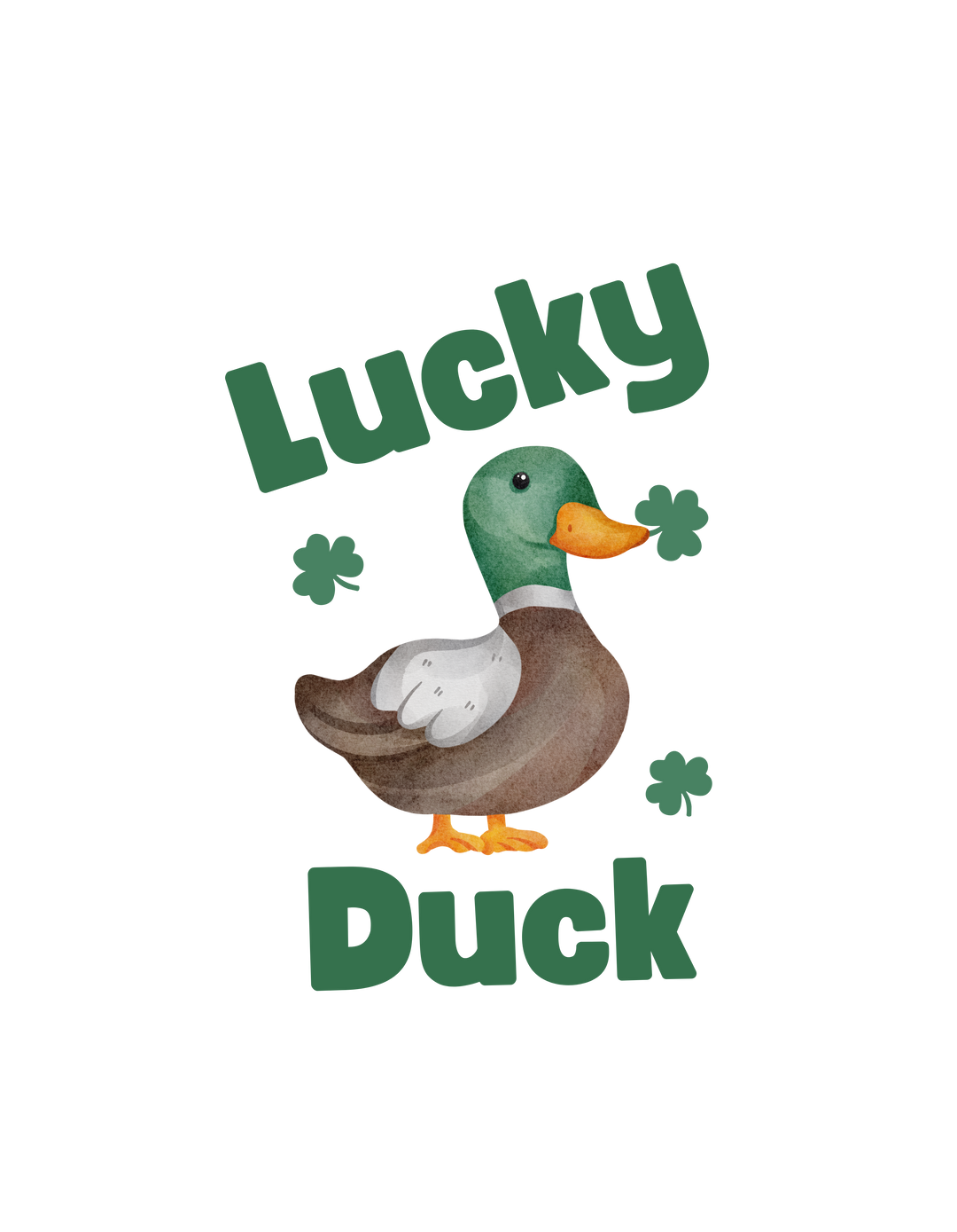 Cartoon duck with clover nose design on the Lucky Duck Onesie, a soft, ring-spun cotton infant bodysuit with lap shoulders for easy dressing.