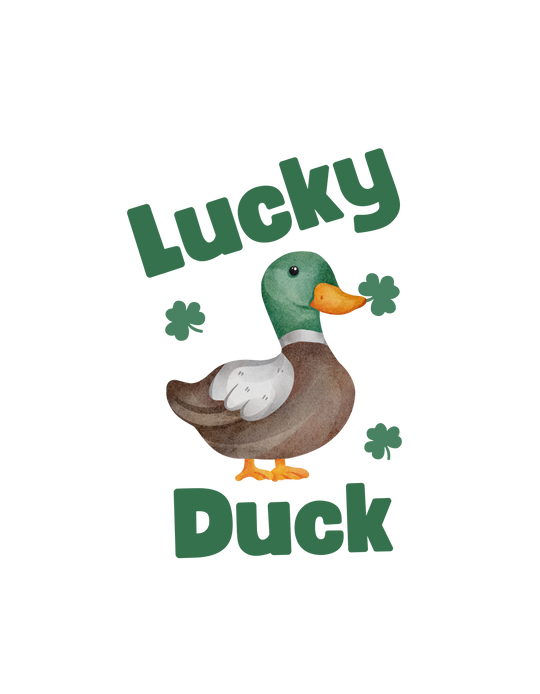 Cartoon duck with clover nose design on the Lucky Duck Onesie, a soft, ring-spun cotton infant bodysuit with lap shoulders for easy dressing.