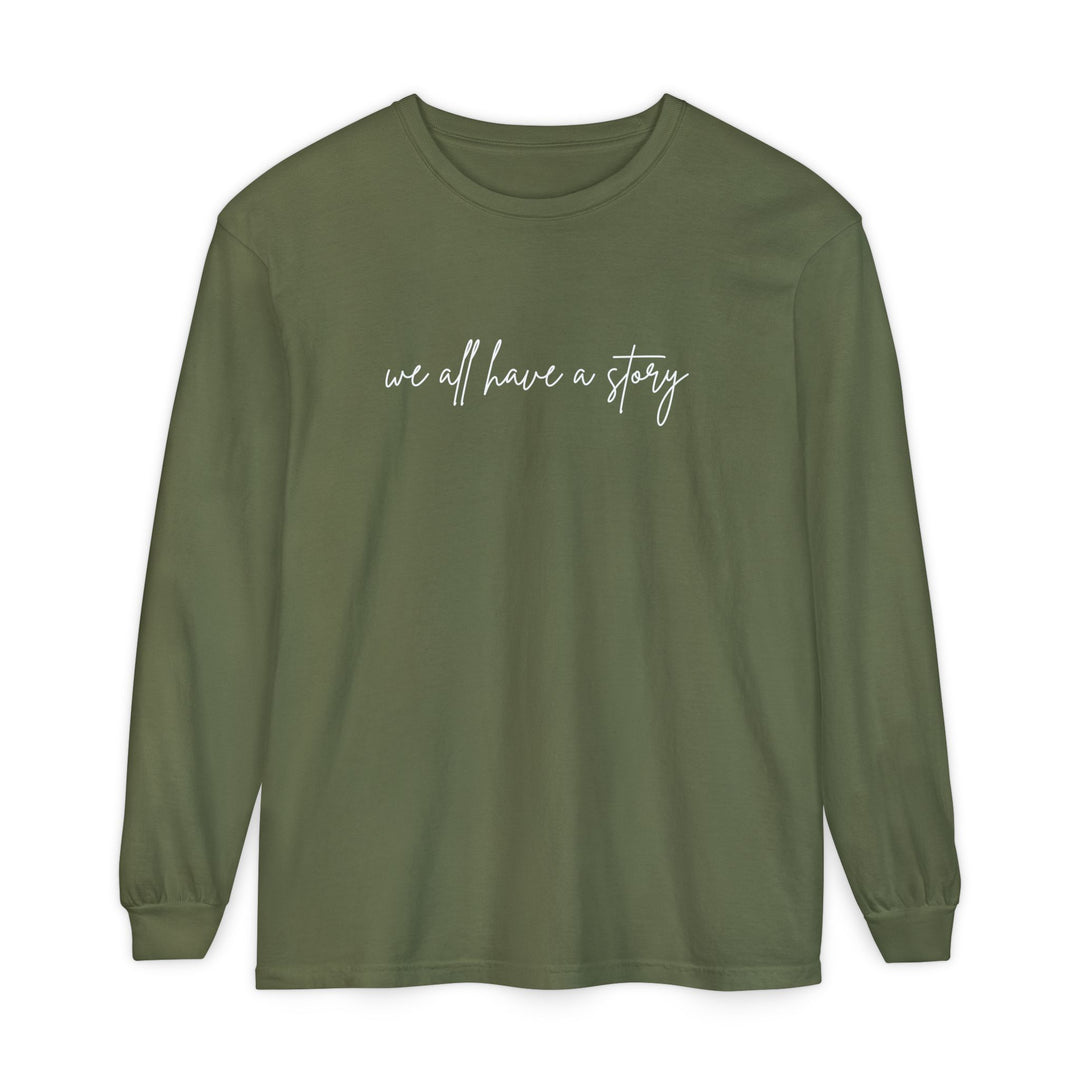 We all have a Story Long Sleeve Tee, featuring a relaxed fit and soft, garment-dyed 100% ring-spun cotton, ideal for casual comfort.