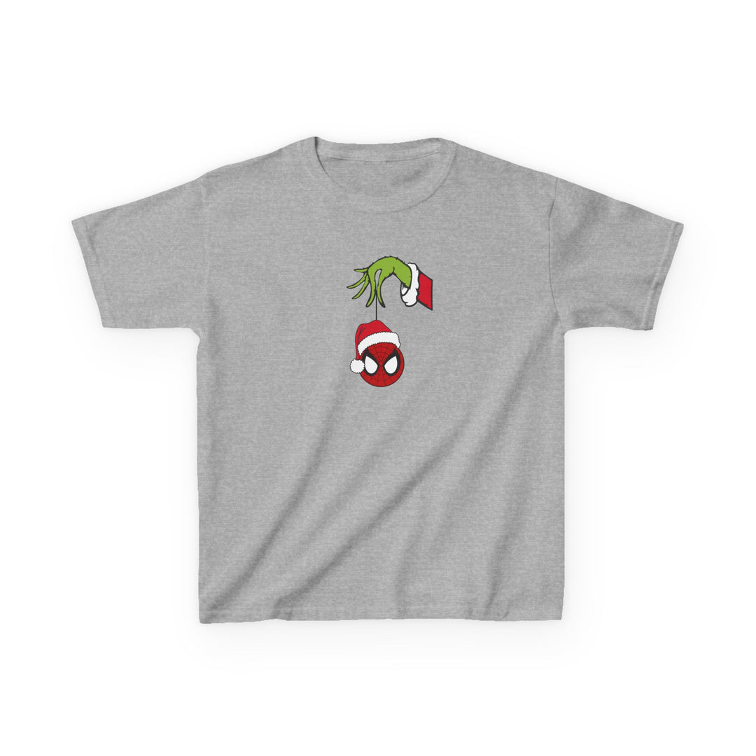 Spider Ball Christmas Kids Tee features the Grinch holding Spider-Man’s Santa-hatted mask, offering a playful holiday mash-up on a light-gray T-shirt.