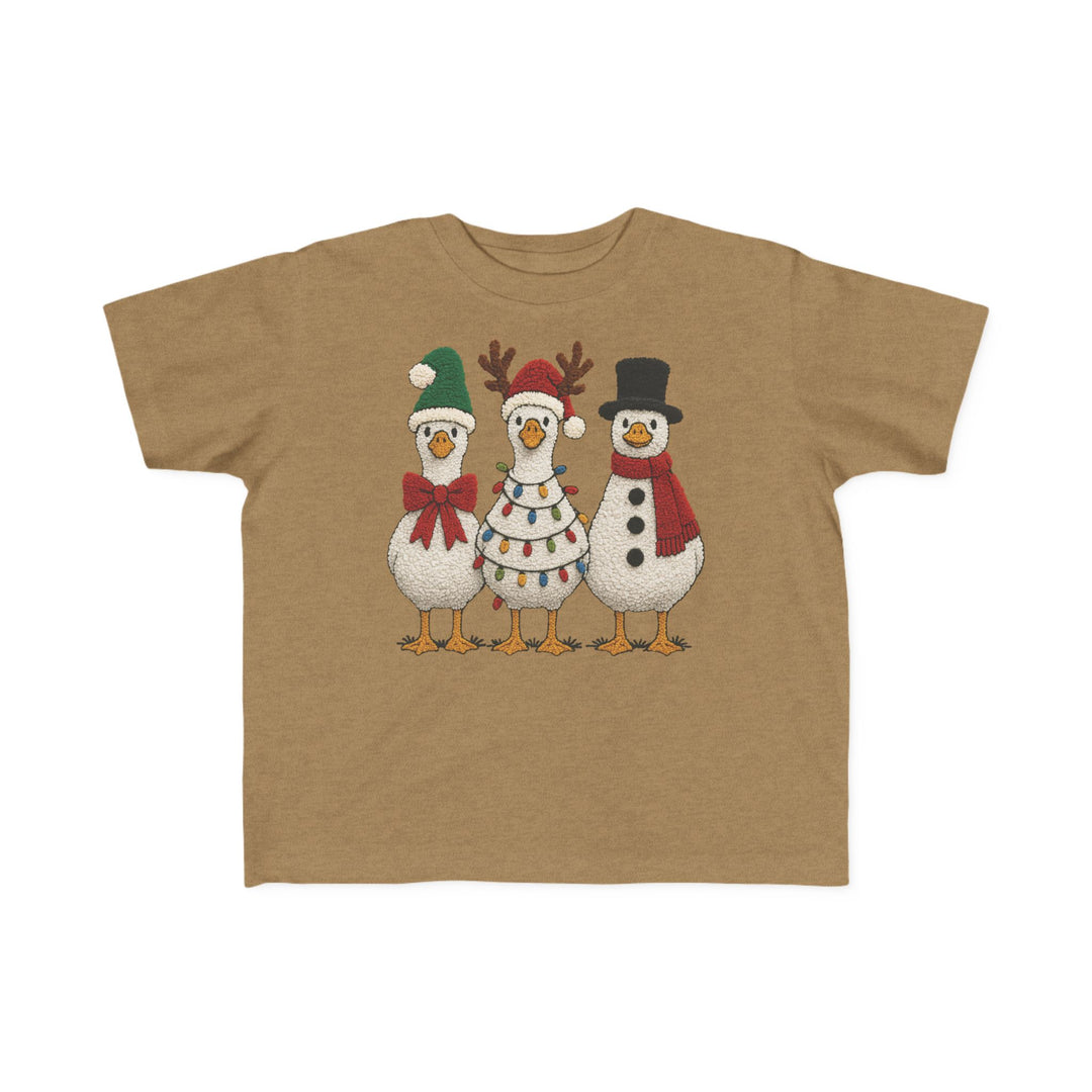 Christmas Ducks Toddler Tee featuring festive birds in holiday attire, perfect for sensitive skin, made from 100% combed ringspun cotton, suitable for toddlers' adventures.