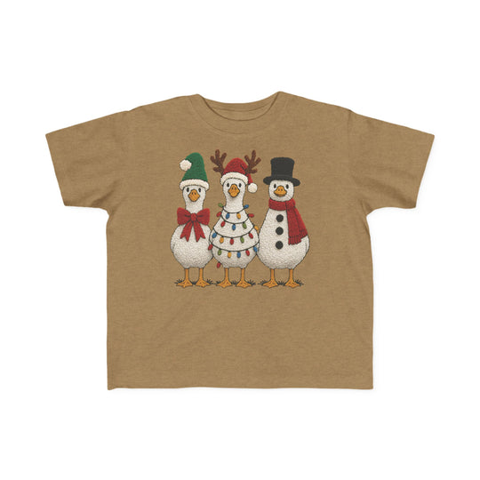 Christmas Ducks Toddler Tee featuring festive birds in holiday attire, perfect for sensitive skin, made from 100% combed ringspun cotton, suitable for toddlers' adventures.