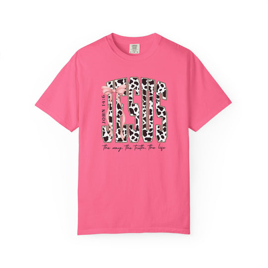 John 14:6 Tee: Bright pink, short-sleeve T-shirt with JESUS in animal print, pink bow on J, and the way, the truth, the life text.