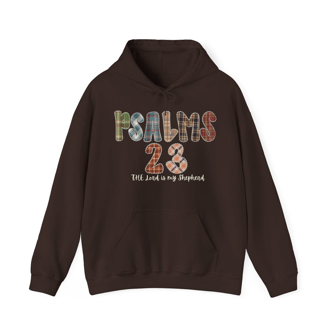 Dark-brown Psalms 23 hoodie featuring patchwork plaid lettering and script text, with kangaroo pocket and drawstring hood, offering warmth and comfort.