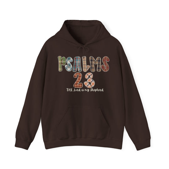 Dark-brown Psalms 23 hoodie featuring patchwork plaid lettering and script text, with kangaroo pocket and drawstring hood, offering warmth and comfort.