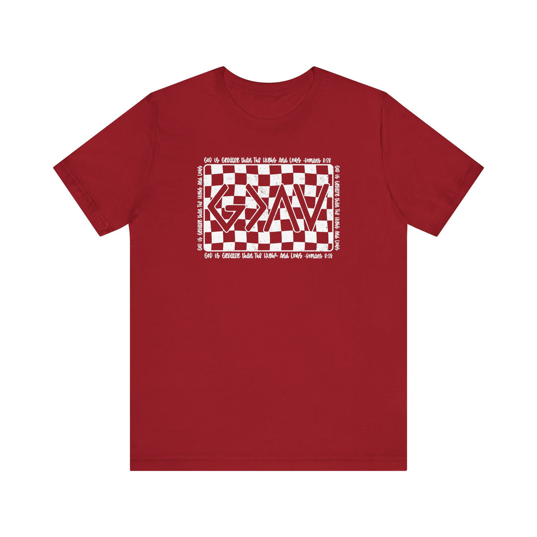 God Highs and Lows Tee: Red unisex jersey t-shirt featuring white text and checkered pattern, soft cotton, ribbed knit collar, dual side seams for lasting shape.