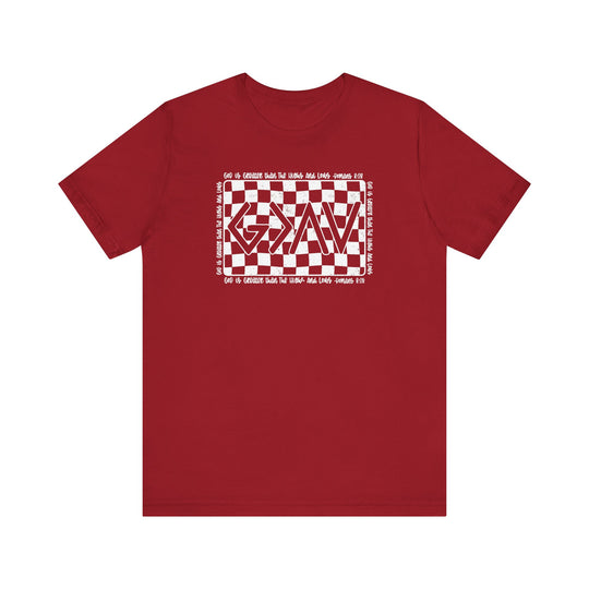 God Highs and Lows Tee: Red unisex jersey t-shirt featuring white text and checkered pattern, soft cotton, ribbed knit collar, dual side seams for lasting shape.