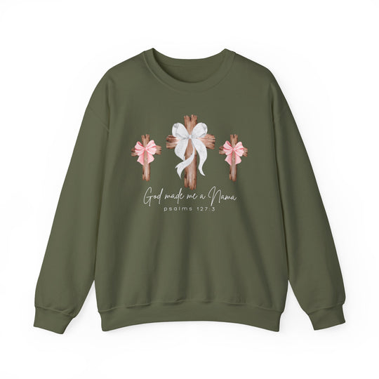 God Made Me a Nana Crew sweatshirt features three wooden crosses with bows, script font text, and a Bible verse, offering comfort and style in a polyester-cotton blend.