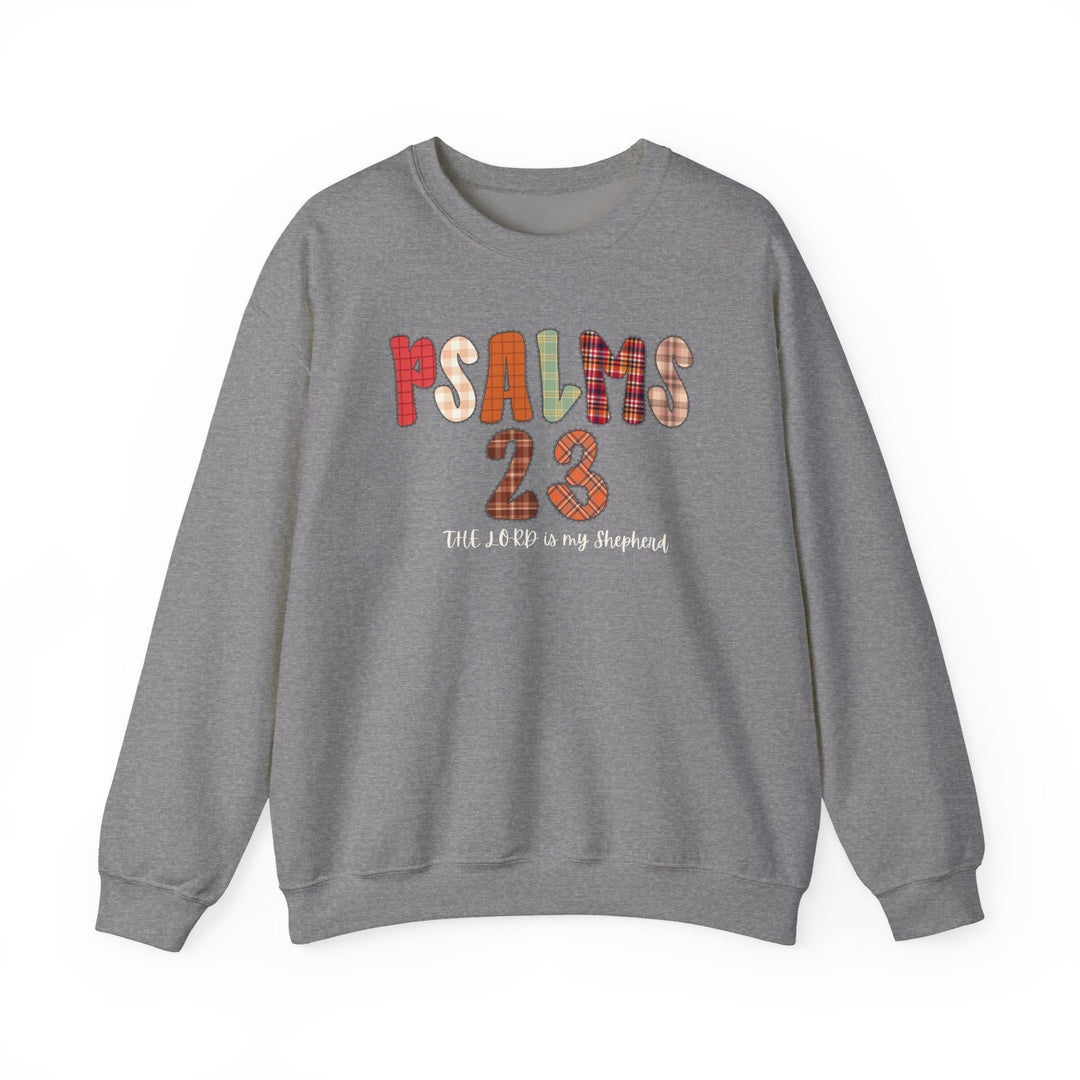 Heather-gray crewneck sweatshirt with PSALMS 23 in plaid patchwork, The LORD is my Shepherd in script below. Cozy, unisex design from Faith Family Designs.