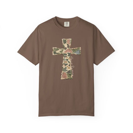 He is Risen Distressed Tee: Brown, short-sleeve shirt with frayed camouflage cross motif and cursive 'He is Risen' script, offering comfort and durability in size L.