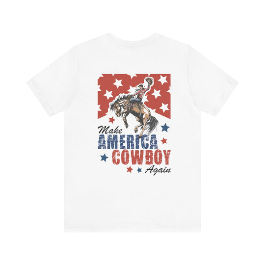 Back view of the Make America Cowboy Again tee featuring a cowboy and stars, embodying a patriotic rodeo theme.