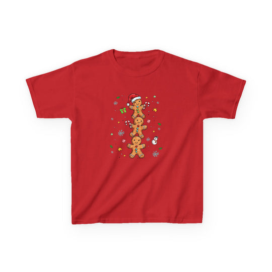 Gingerbread Stack Kids Tee featuring three gingerbread figures with Christmas motifs like snowflakes and candy. Made from soft, durable cotton, perfect for everyday wear.