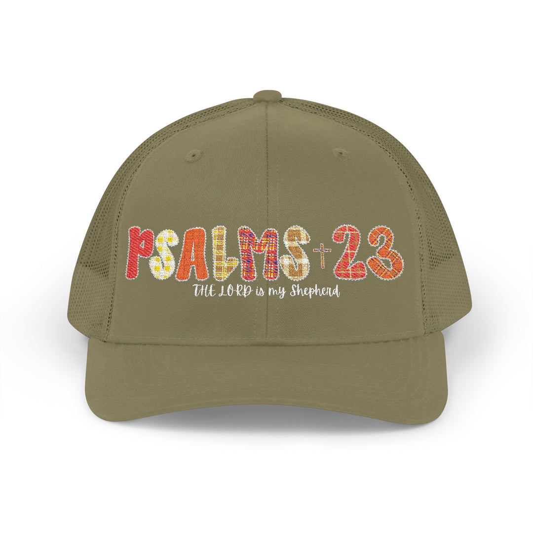Khaki-green trucker cap with mesh back, featuring PSALMS + 23 and The Lord is my shepherd embroidery, adjustable snap closure for comfort and style.